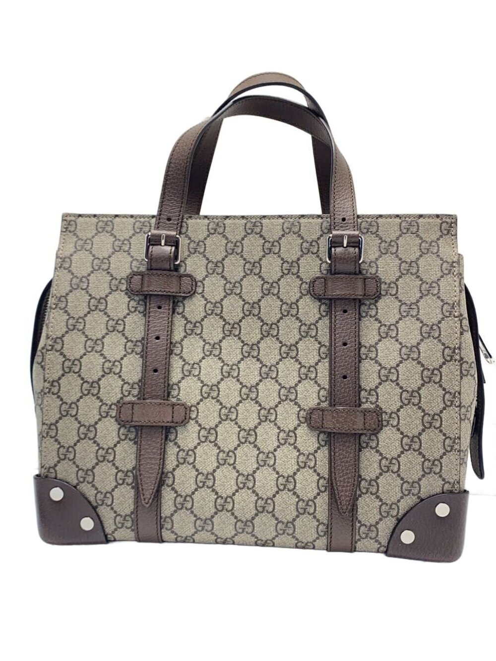 Gucci GG Supreme Buckle Travel Tote canvas vertical buckled studs Brown